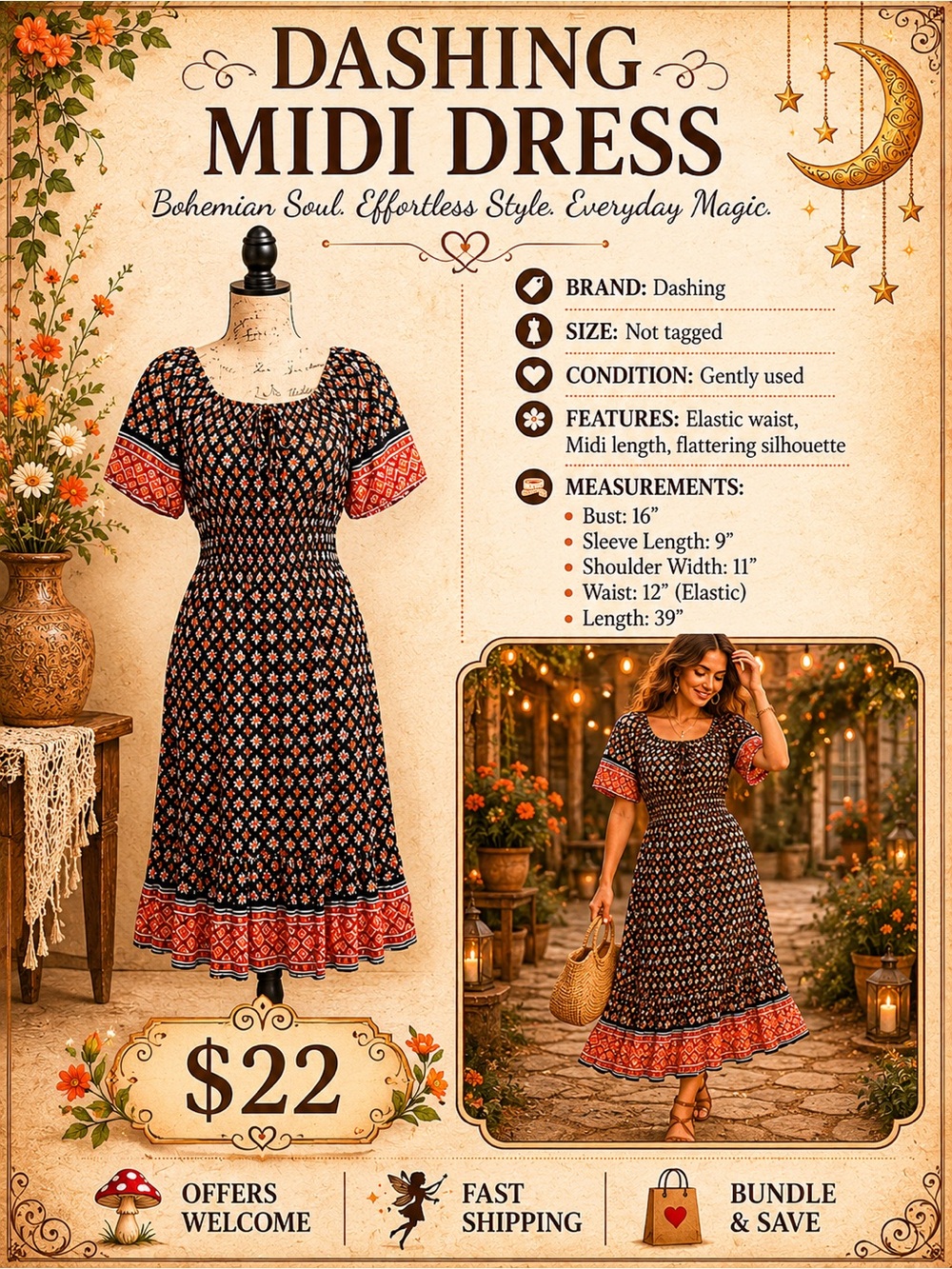 Dashing Black & Orange Midi Dress Elastic Waist